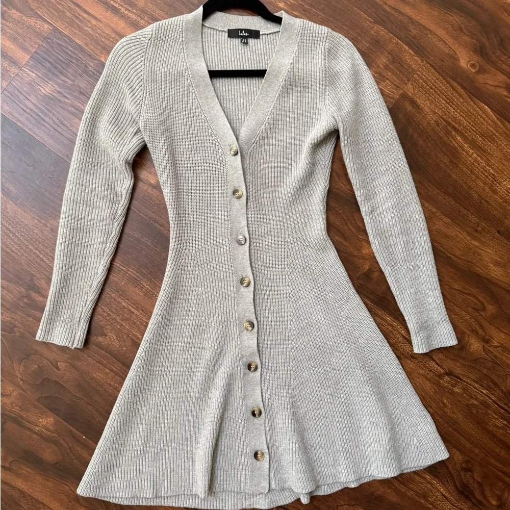 Lulu's Gray Ribbed Button-Front Sweater Dress - Picture 6 of 8